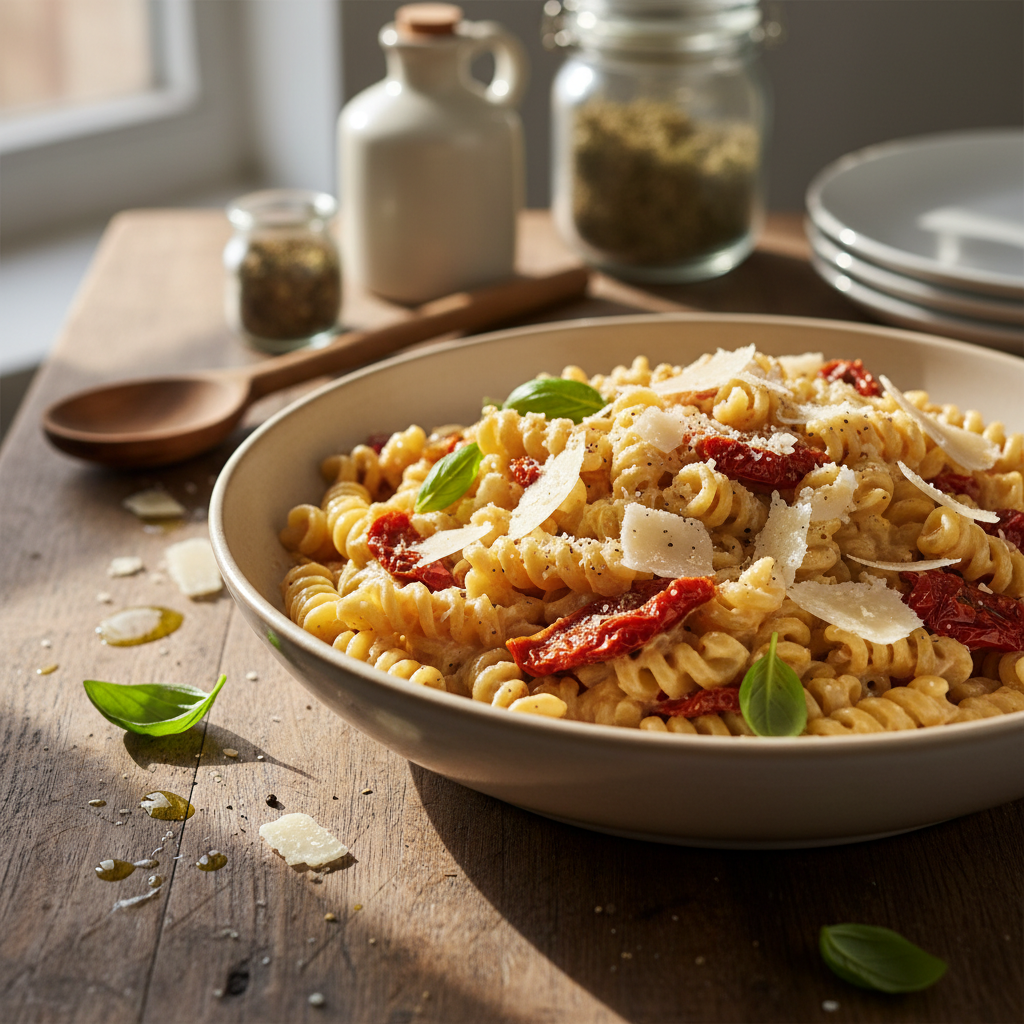 Lihtne ja maitsev kreemjas pasta päikesekuivatatud tomatitega